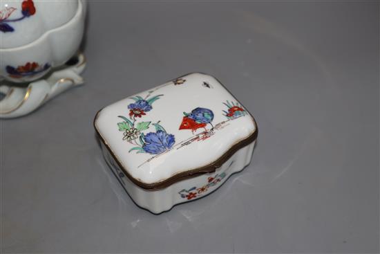 A Portuguese enamel box and cover and two other porcelain caskets, largest 13cm